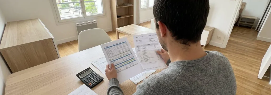 Personne de dos comparant plusieurs tableaux budgétaires et relevés bancaires sur un bureau moderne, avec calculatrice et notes manuscrites, lumière naturelle