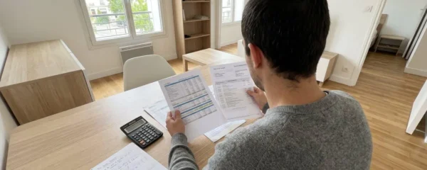 Personne de dos comparant plusieurs tableaux budgétaires et relevés bancaires sur un bureau moderne, avec calculatrice et notes manuscrites, lumière naturelle