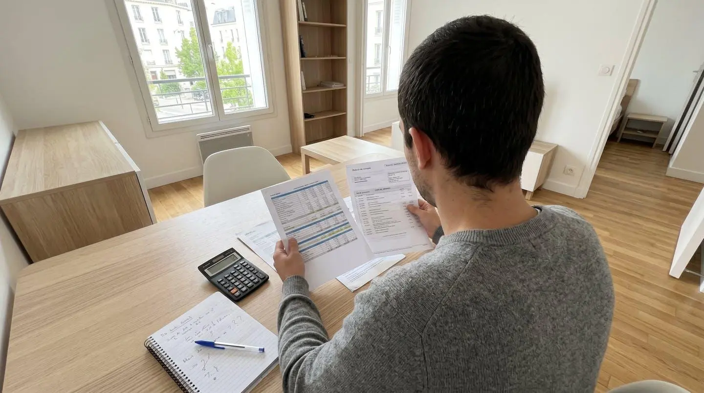 Personne de dos comparant plusieurs tableaux budgétaires et relevés bancaires sur un bureau moderne, avec calculatrice et notes manuscrites, lumière naturelle