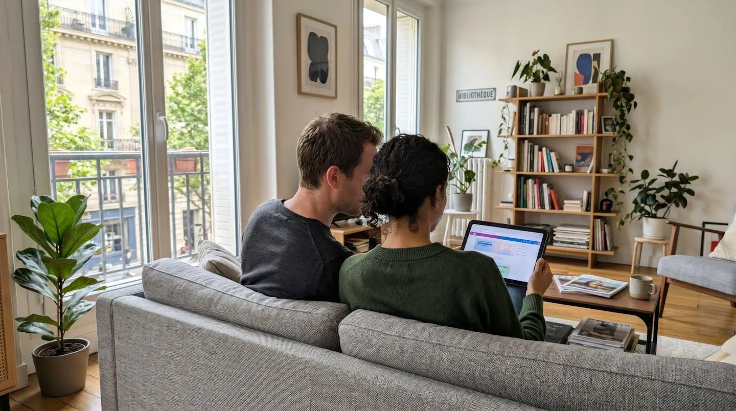 Couple vu de dos assis côte à côte sur un canapé moderne, consultant ensemble une tablette dans un salon lumineux français