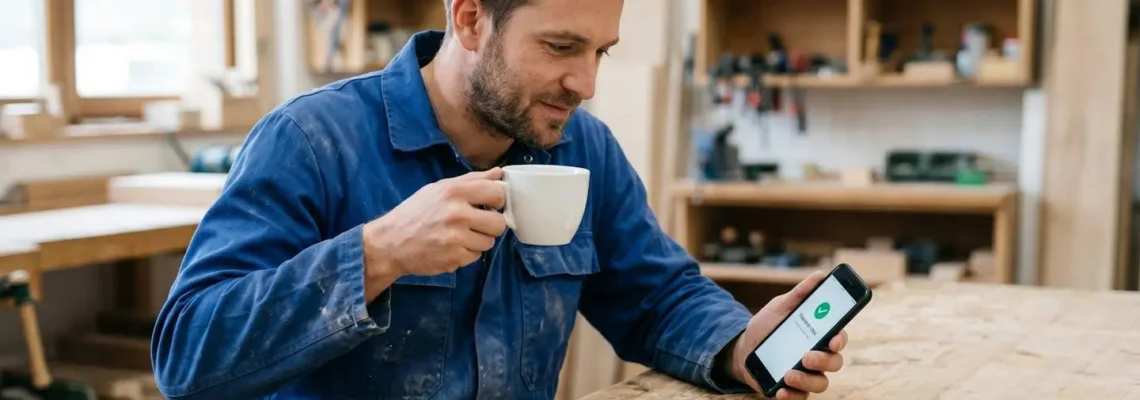 Un artisan consulte son smartphone pour suivre un paiement client, assis à un bureau épuré, illustrant la simplification des encaissements.