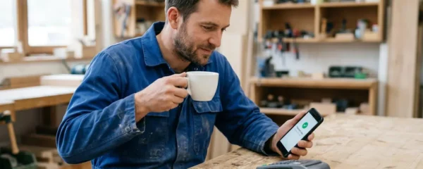 Un artisan consulte son smartphone pour suivre un paiement client, assis à un bureau épuré, illustrant la simplification des encaissements.