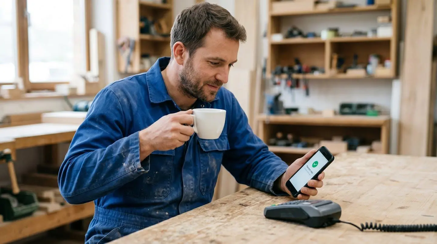 Un artisan consulte son smartphone pour suivre un paiement client, assis à un bureau épuré, illustrant la simplification des encaissements.