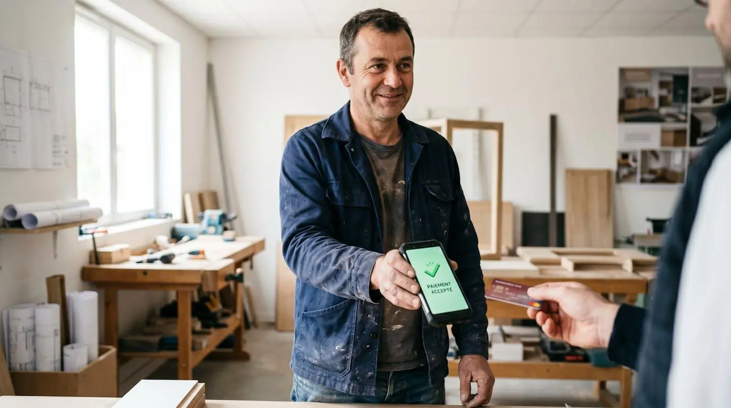 Un artisan utilise son smartphone pour encaisser un client par carte bancaire via Tap to Pay.