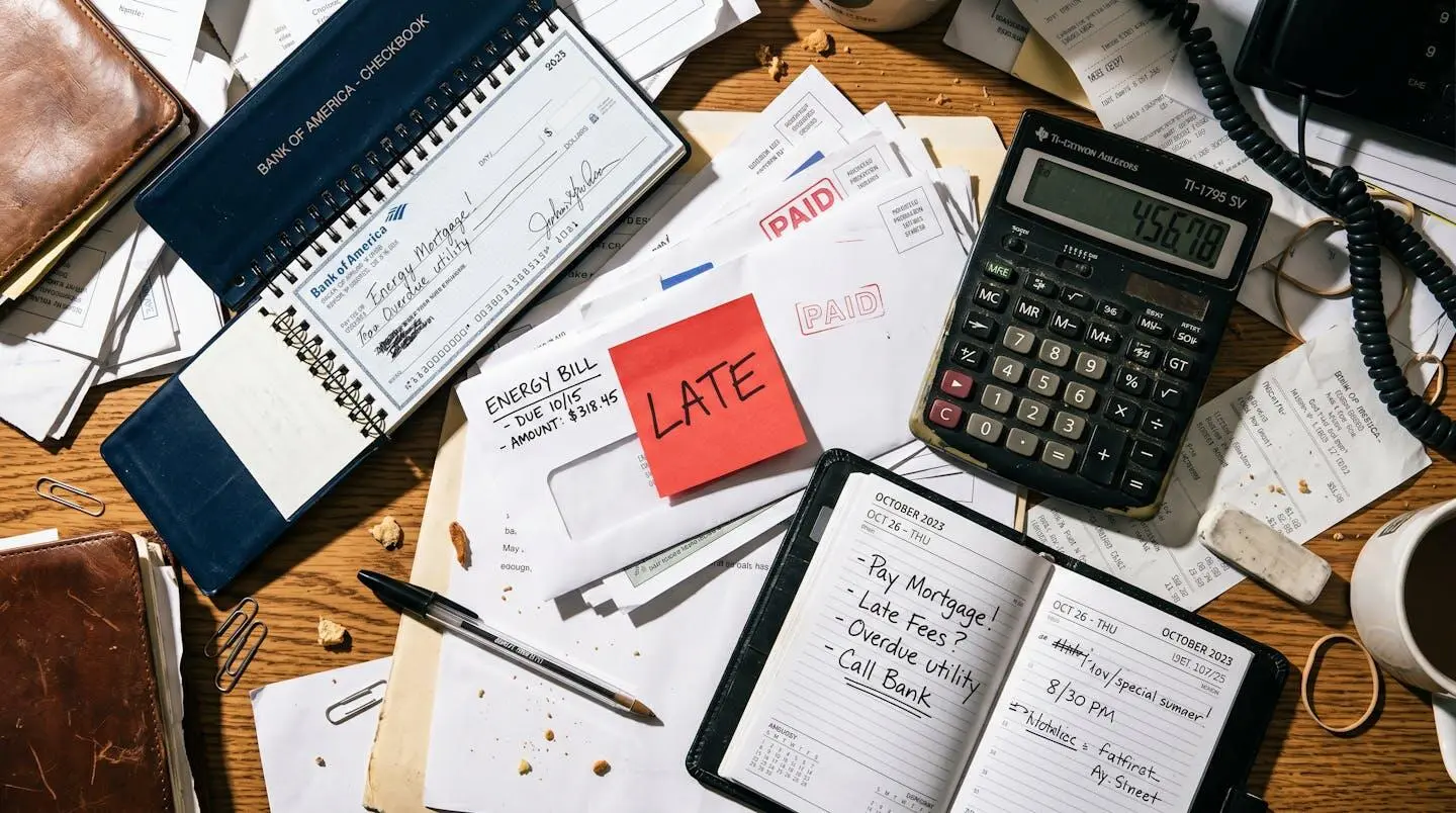 Un bureau en désordre avec des factures impayées et un post-it rouge 'EN RETARD', symbolisant les lourdeurs de la facturation papier.
