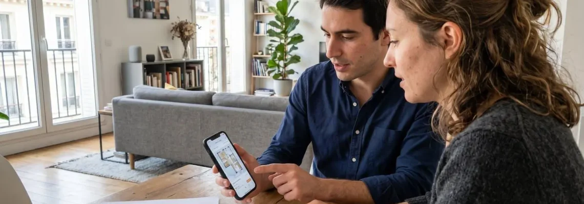 Deux personnes vues de dos consultent ensemble un smartphone dans un salon contemporain lumineux avec documents sur la table