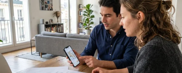 Deux personnes vues de dos consultent ensemble un smartphone dans un salon contemporain lumineux avec documents sur la table