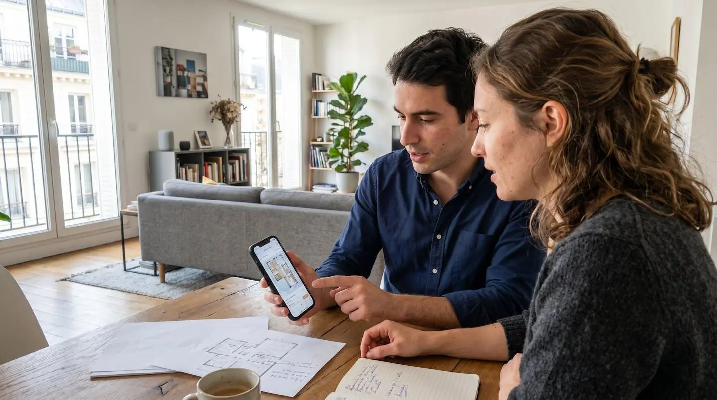 Deux personnes vues de dos consultent ensemble un smartphone dans un salon contemporain lumineux avec documents sur la table
