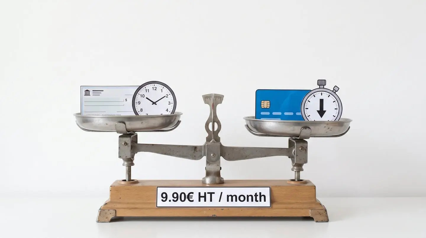 Infographie comparant le coût et le temps de la méthode chèque à ceux du paiement électronique, avec un coût mensuel de 9,90€ HT.