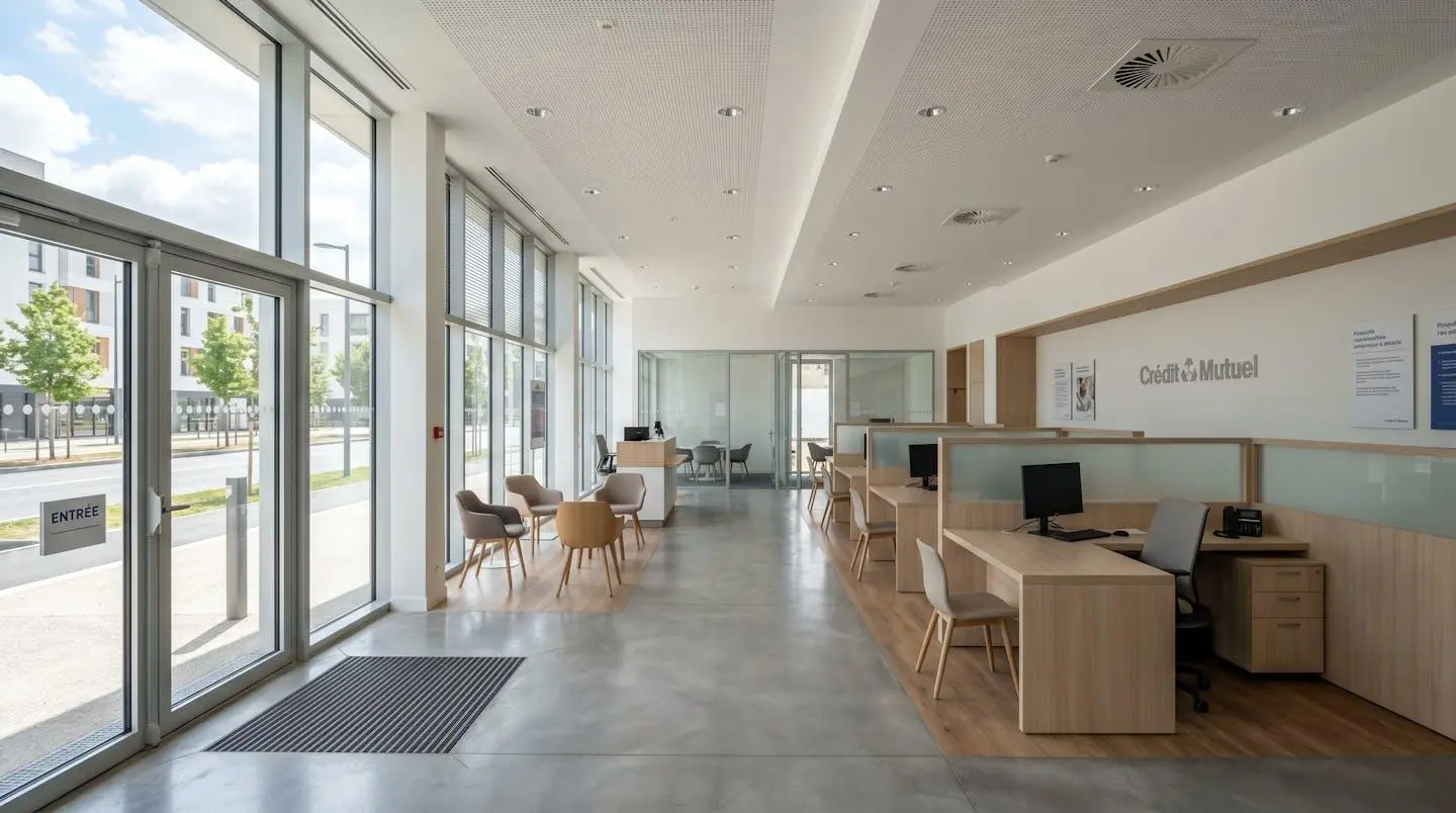 Intérieur d'une agence bancaire contemporaine avec espaces conseillers visibles, design épuré et lumière naturelle abondante