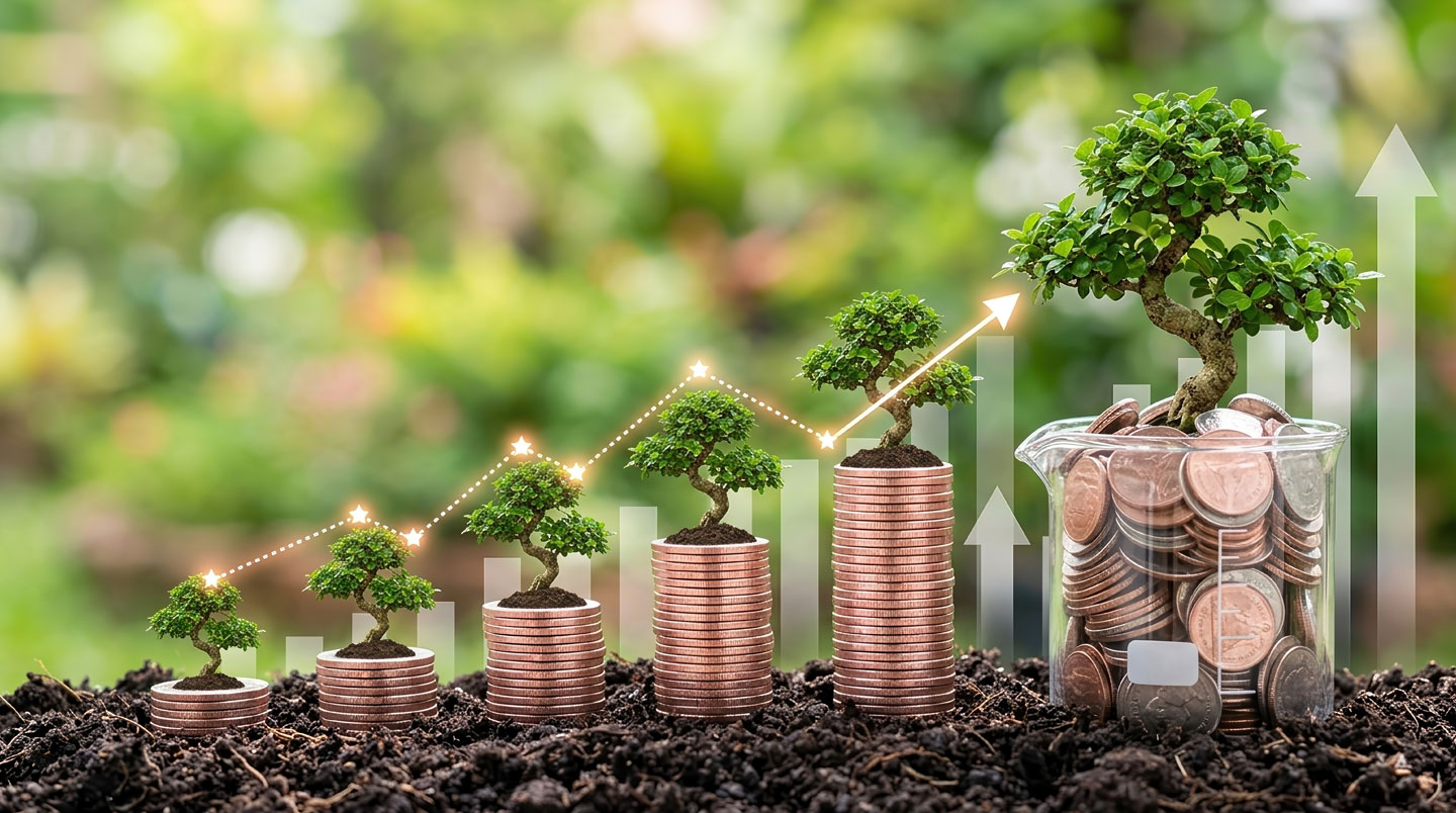 Une main dépose délicatement une pièce dans le terreau d'une petite plante en pot, métaphore visuelle de l'épargne responsable