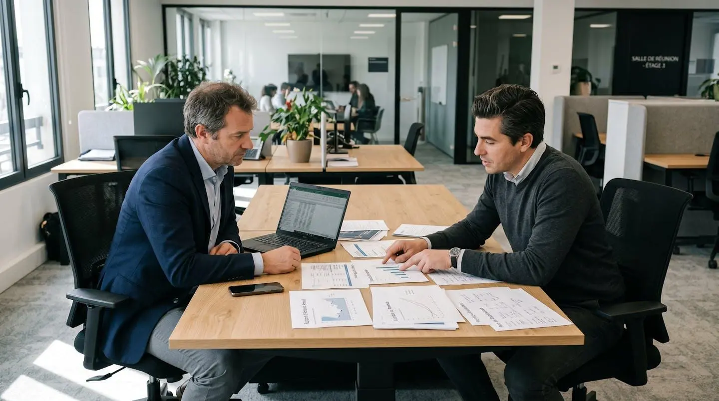 Dirigeant d'entreprise consultant des documents de croissance et graphiques bancaires avec un conseiller dans un bureau professionnel contemporain éclairé par lumière naturelle