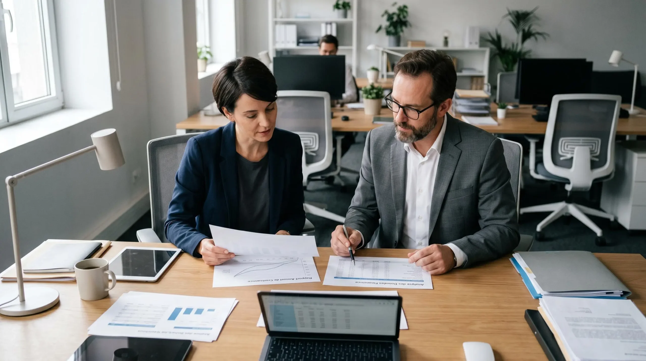 Dirigeant d'entreprise consultant des documents de croissance et graphiques bancaires avec un conseiller dans un bureau professionnel contemporain éclairé par lumière naturelle
