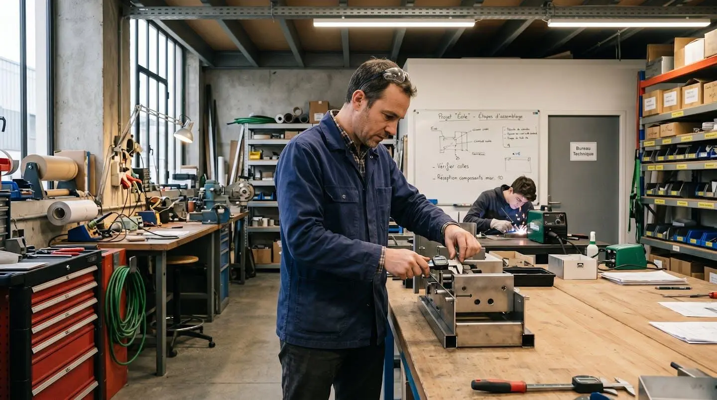 Entrepreneur travaillant dans son espace professionnel authentique avec outils métier visibles, illustrant une entreprise en phase de développement