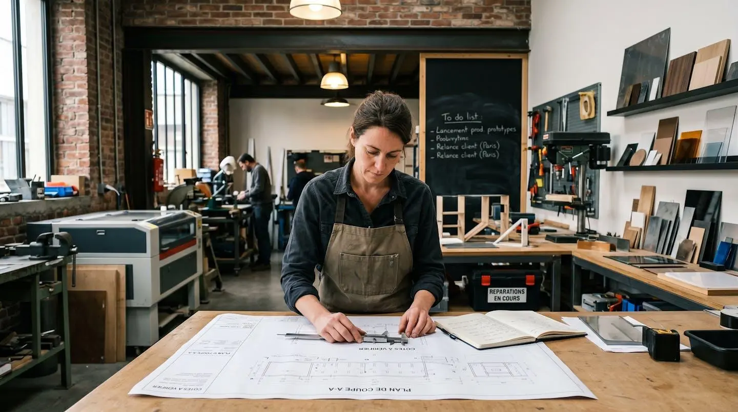 Entrepreneur travaillant dans son espace professionnel authentique avec outils métier visibles, illustrant une entreprise en phase de développement