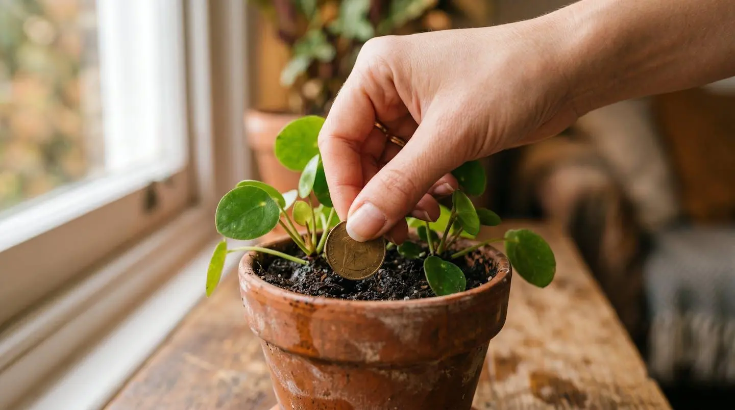 Une main dépose délicatement une pièce dans le terreau d'une petite plante en pot, métaphore visuelle de l'épargne responsable