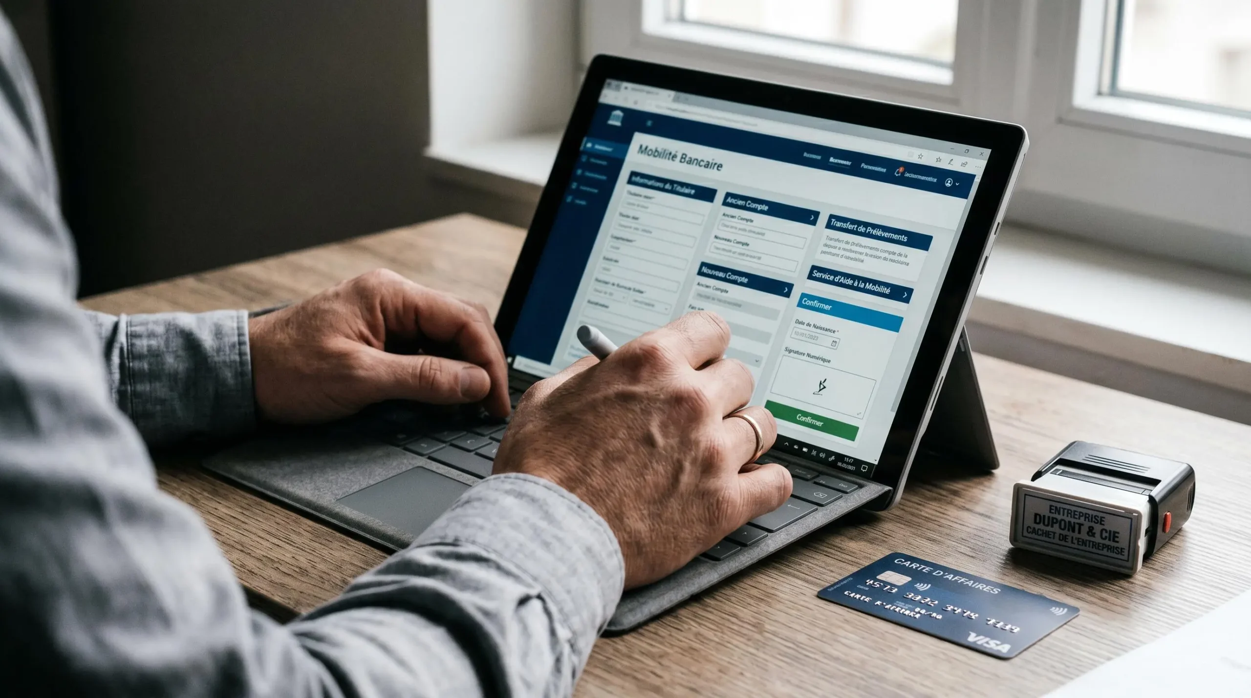 Mains d'entrepreneur complétant un formulaire de mobilité bancaire sur tablette, avec carte bancaire professionnelle et tampon d'entreprise visibles sur le bureau
