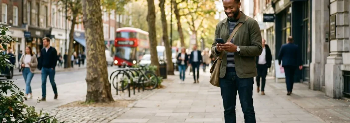 Un homme debout dans une rue commerçante consulte son application bancaire sur smartphone, l'air serein et engagé