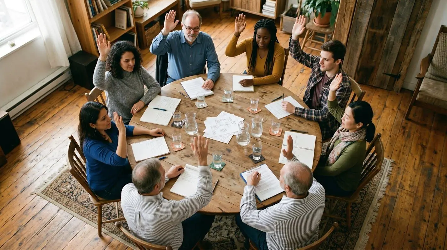 Vue de dessus sur une table ronde lors d'une assemblée générale coopérative, mains levées pour un vote, ambiance participative