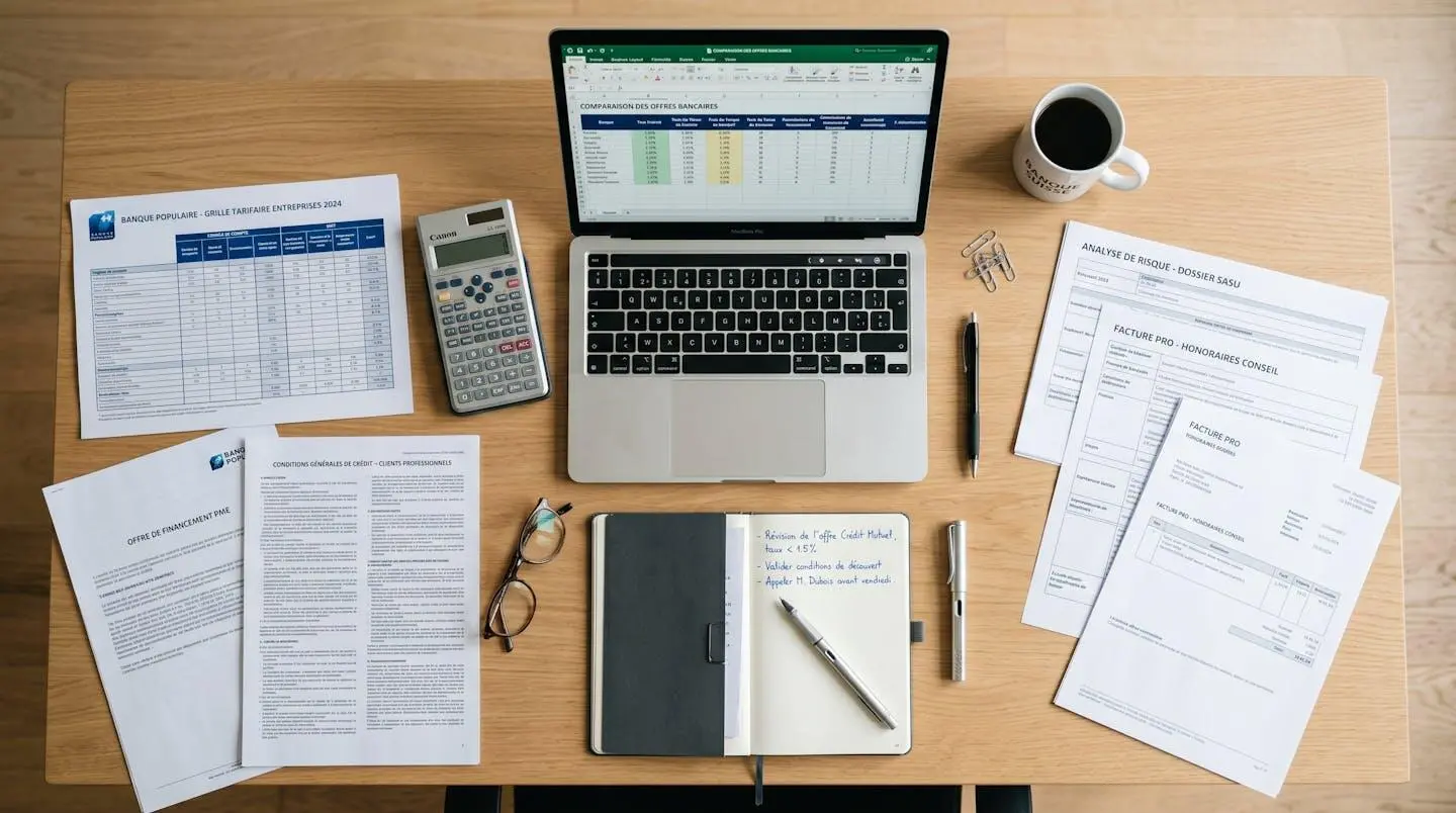 Vue de dessus d'un bureau avec documents bancaires professionnels, grilles tarifaires, calculatrice et ordinateur portable affichant tableau comparatif, illustrant l'analyse méthodique des offres