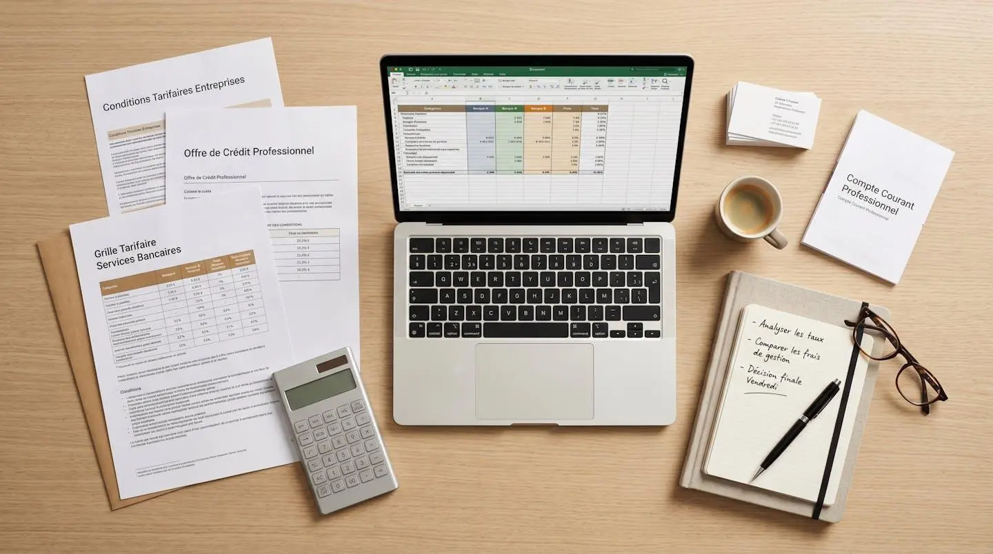 Vue de dessus d'un bureau avec documents bancaires professionnels, grilles tarifaires, calculatrice et ordinateur portable affichant tableau comparatif, illustrant l'analyse méthodique des offres