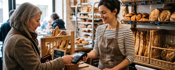 Boulanger utilisant un terminal de paiement électronique pour encaisser un client au comptoir de sa boulangerie artisanale