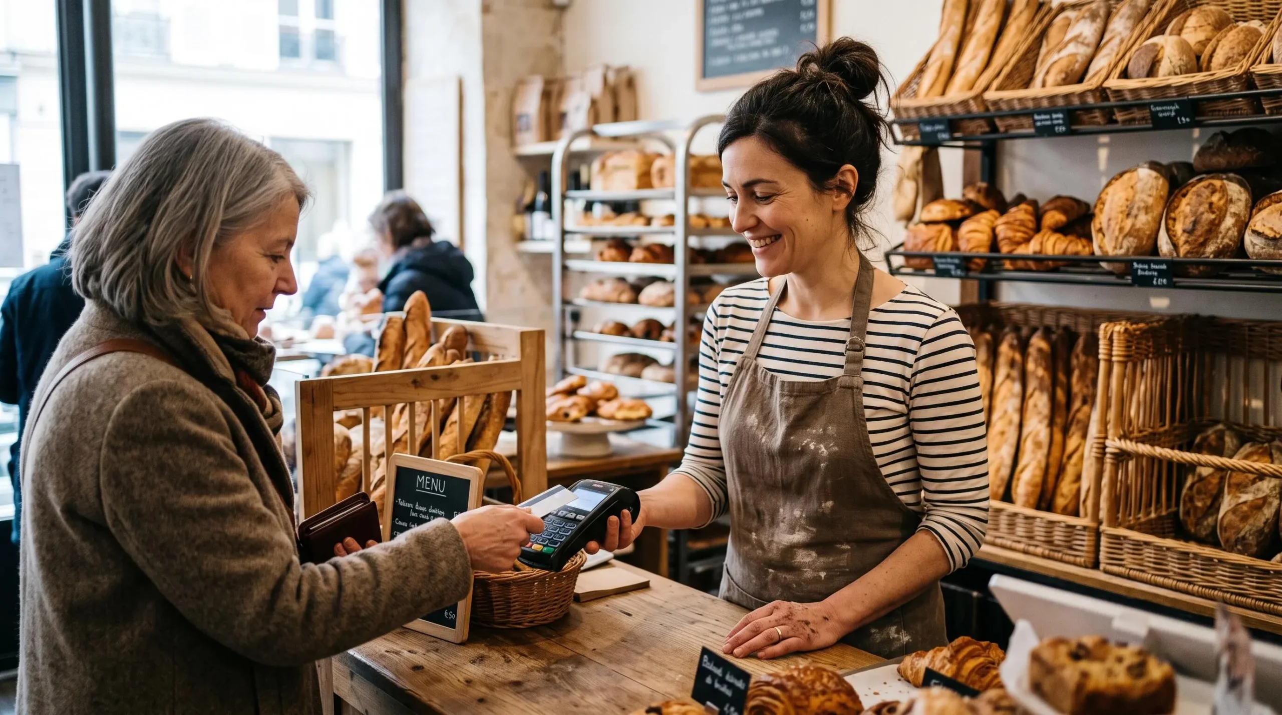 Boulanger utilisant un terminal de paiement électronique pour encaisser un client au comptoir de sa boulangerie artisanale