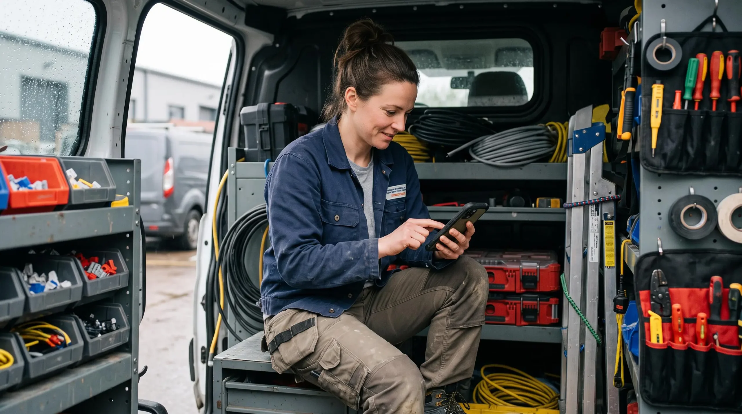 Électricienne consultant l'application bancaire de son compte professionnel sur smartphone dans son véhicule utilitaire de chantier