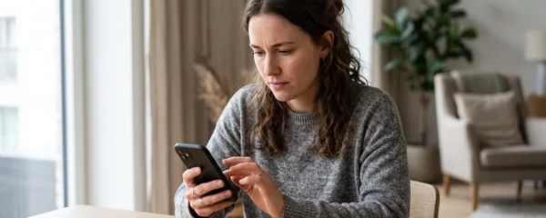 Une personne consulte son application bancaire mobile sur son smartphone dans un environnement domestique moderne.