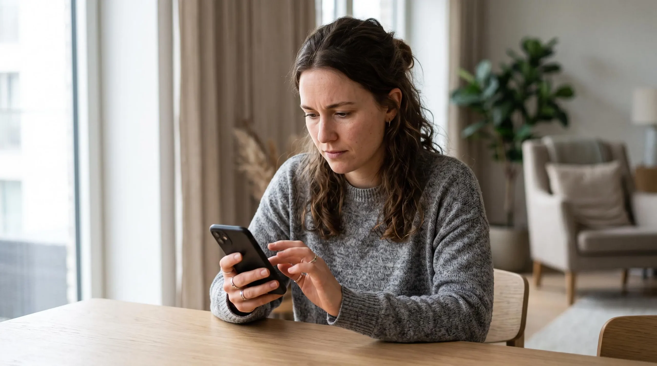 Une personne consulte son application bancaire mobile sur son smartphone dans un environnement domestique moderne.