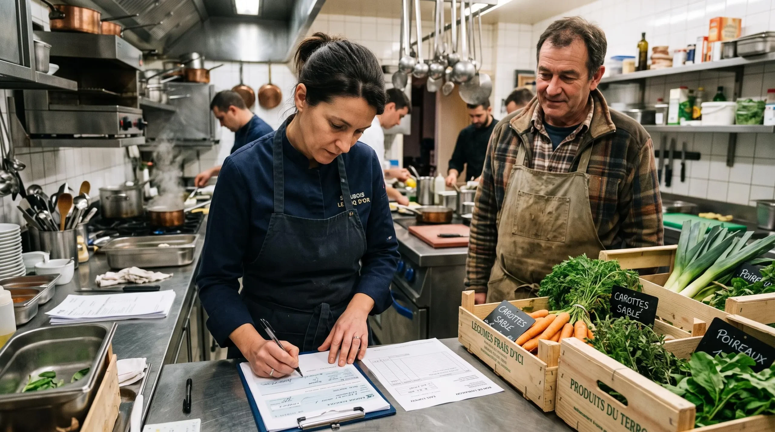 Chef restaurateur signant un chèque professionnel pour régler un fournisseur lors d'une livraison dans sa cuisine professionnelle