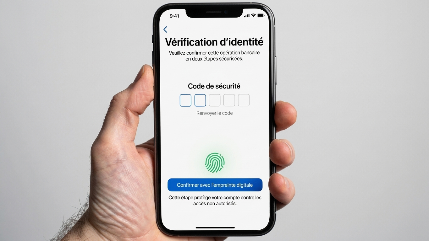 Écran de smartphone affichant une demande d'authentification à deux facteurs pour une transaction bancaire