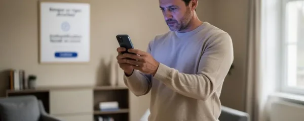Personne utilisant l'authentification biométrique faciale sur smartphone pour une opération bancaire en ligne