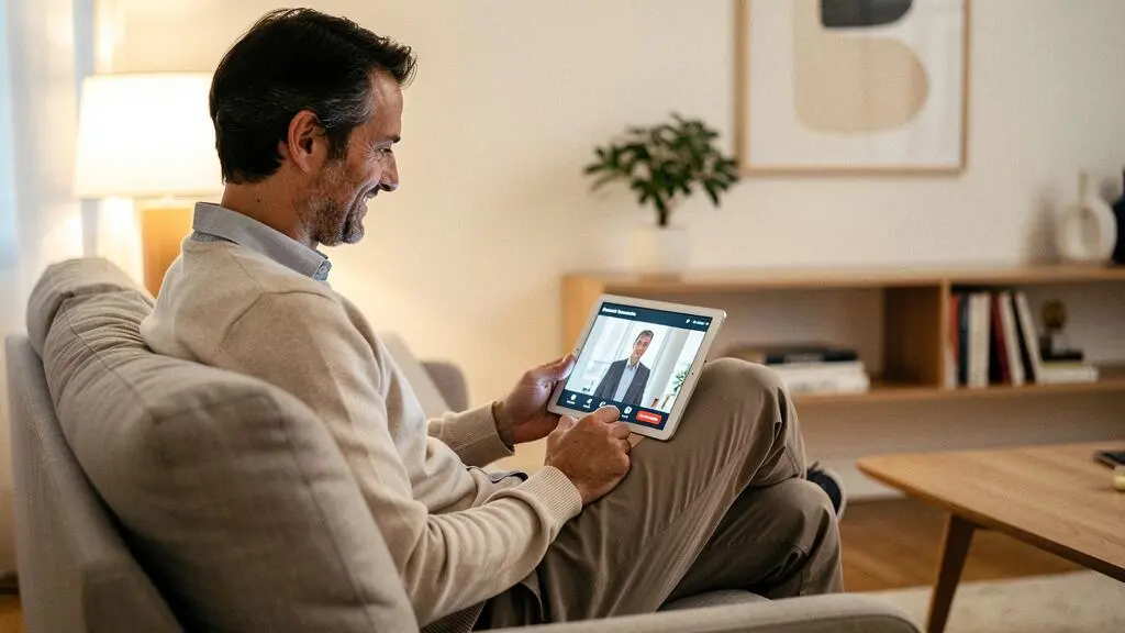 Personne en consultation vidéo avec un conseiller bancaire sur tablette depuis son salon