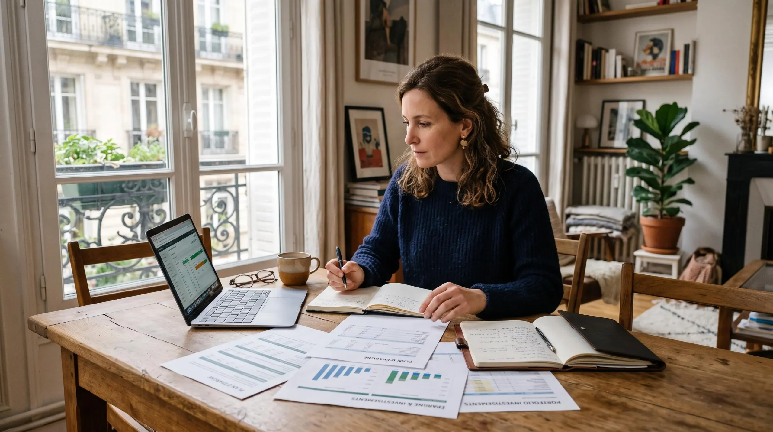 Une femme compare des documents d'épargne et un ordinateur portable à son domicile.