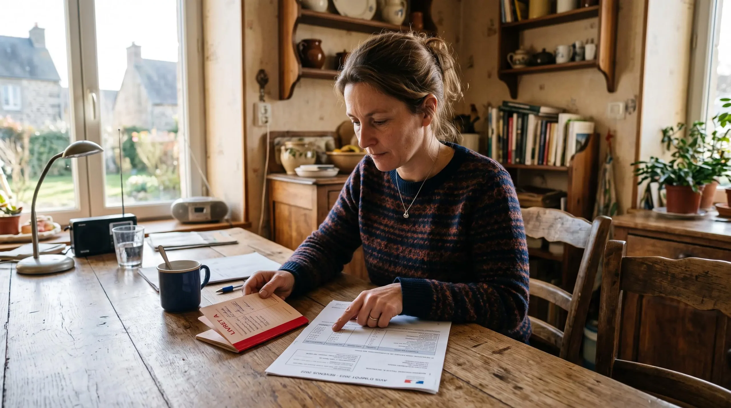 Une femme compare un livret d'épargne et un avis d'imposition à sa table de cuisine.