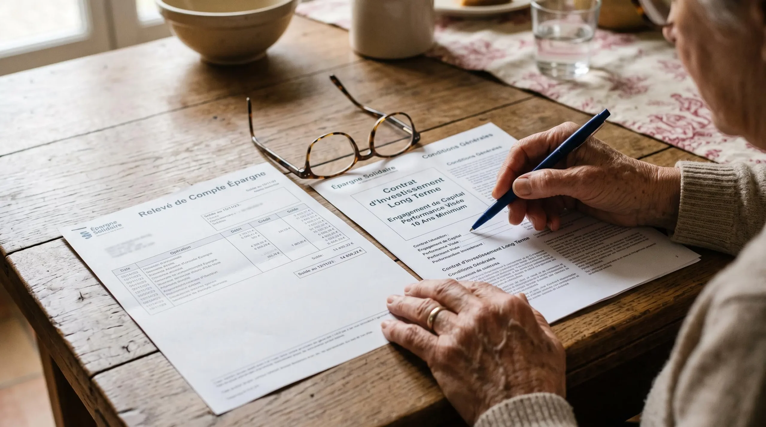 Des mains examinent un relevé d'épargne et un contrat d'investissement sur une table.